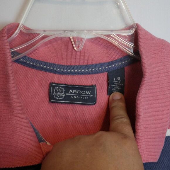 Arrow Men's Size L Allover Wide-Stripe Pique Polo Shirt Desert Rose / Navy - Picture 3 of 11